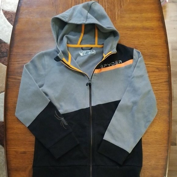 Spyder Youth Boys Black Gray Hooded Jacket Size 14-16 Large Orange Accent